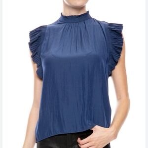 Frame Denim Pleated Ruffle Short Sleeve Top
